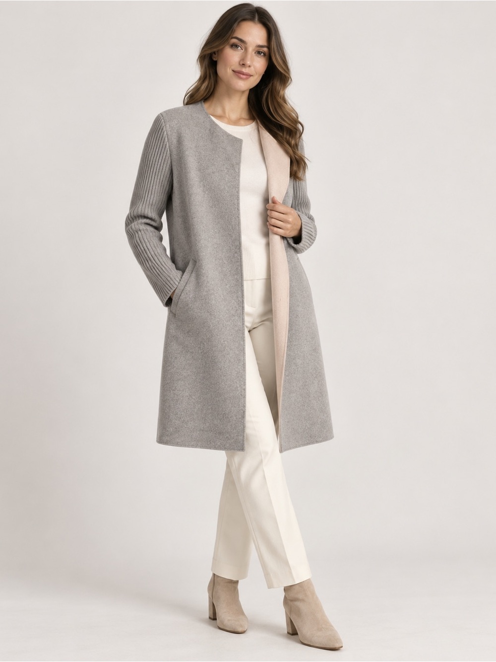 REPEAT Silver Edition Wool Cashmere Long Reversible Coat Grey Ribbed Sleeves L